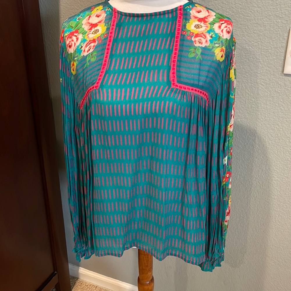 Teal and pink Long sleeve blouse, size M.